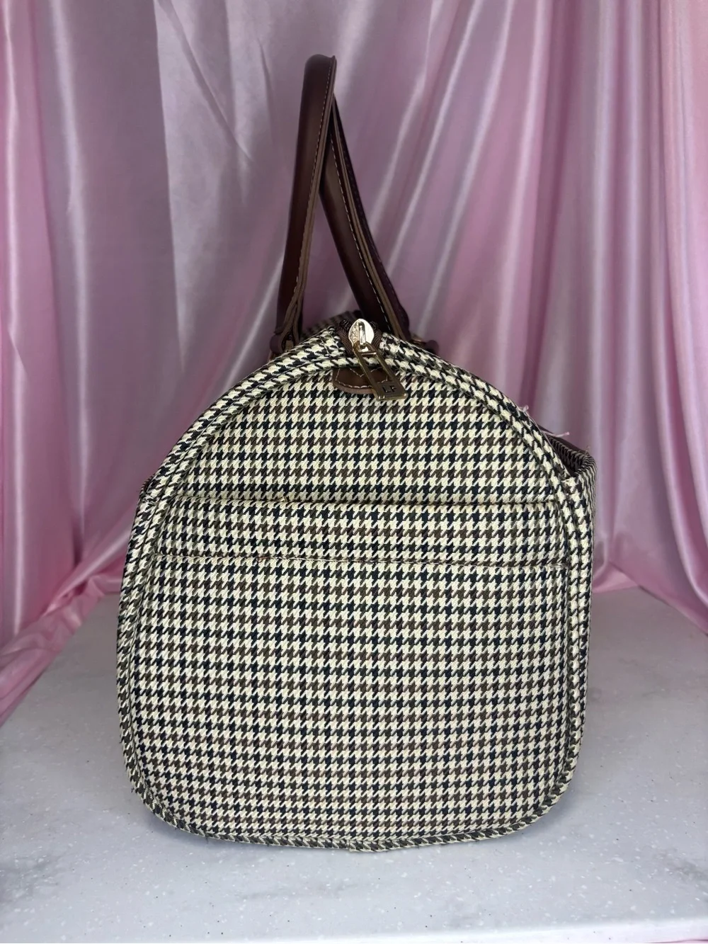 London Fog Brown Houndstooth Top-Handle Satchel